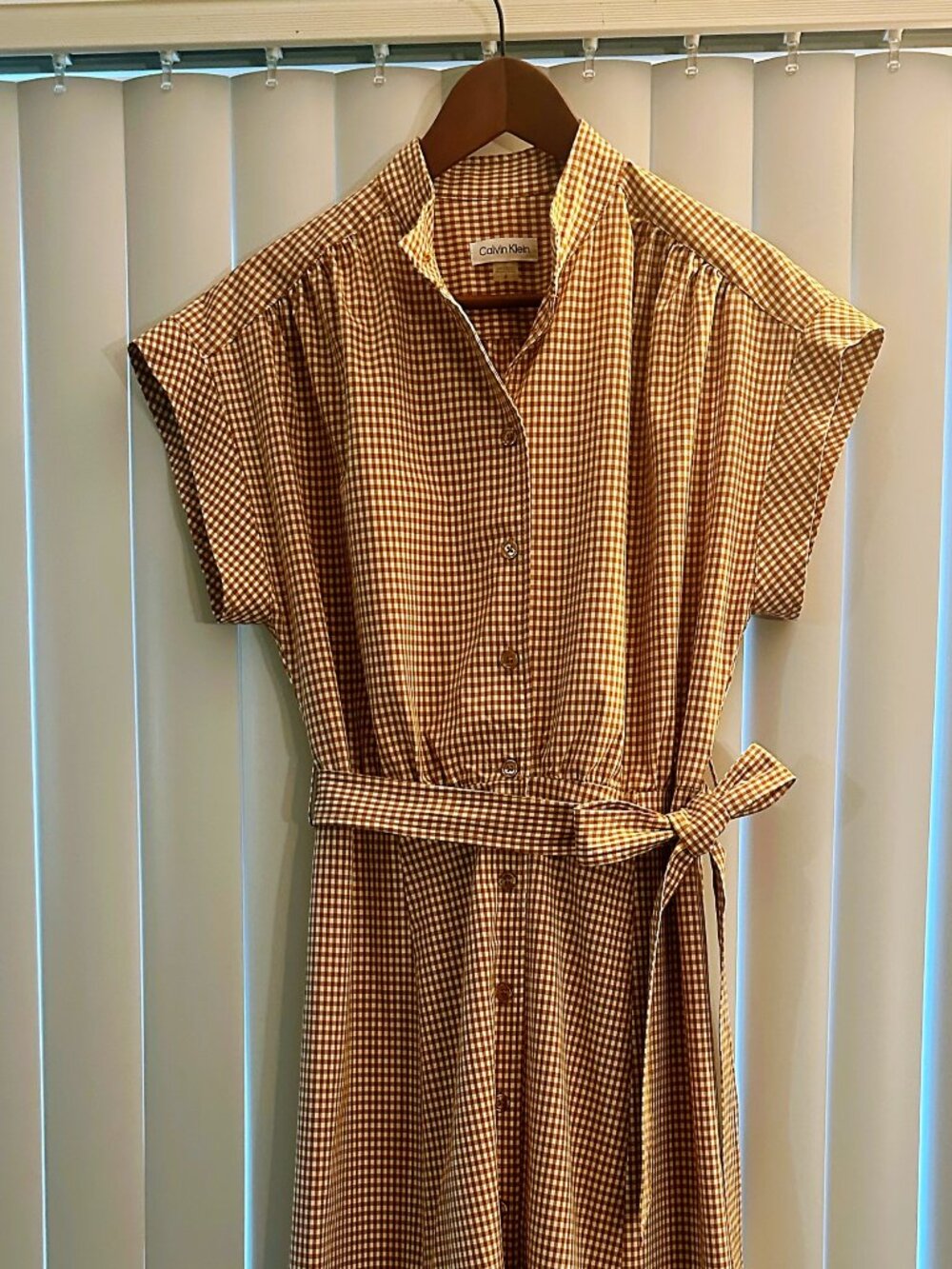Calvin Klein Brown and White Gingham Bow Belted Button-down Dress | Size 8